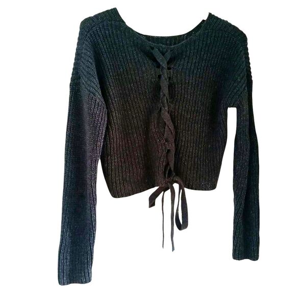 Forever 21 Women's Crop Top Lace-Up Back Sweater Black/Grey Knit Long Sleeves SM - Picture 4 of 10